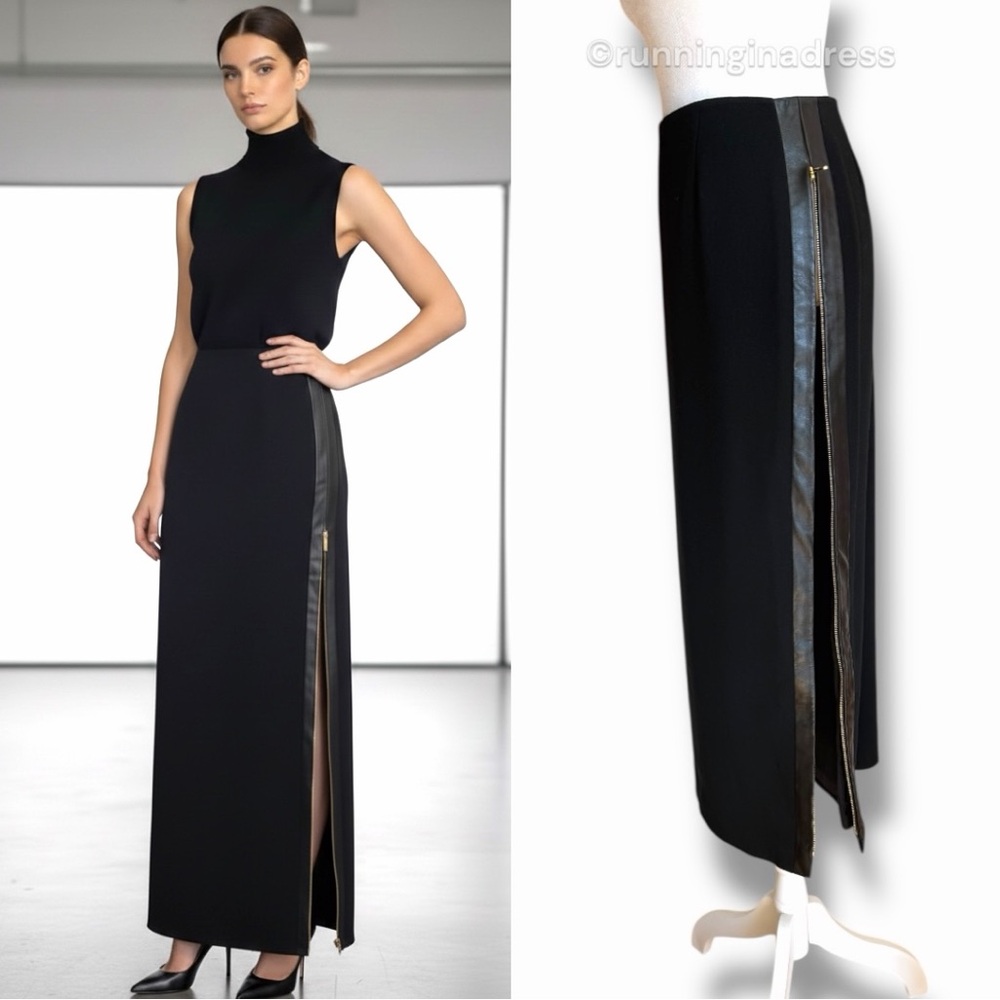 Vtg 90’s Dana Buchman Black Wool Pencil Maxi Skirt Leather Zip Slit High Waist